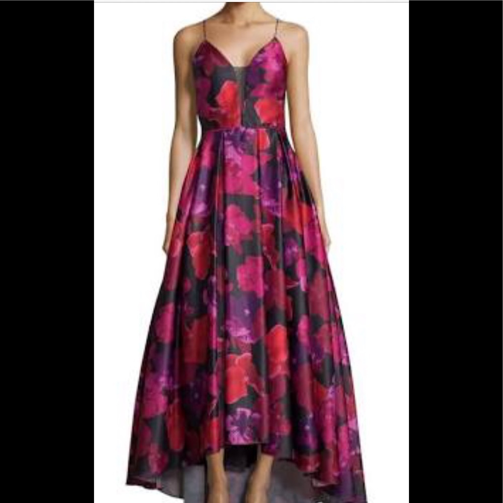 Betsy & Adam Prom Dress. Red/Pink/Black Floral